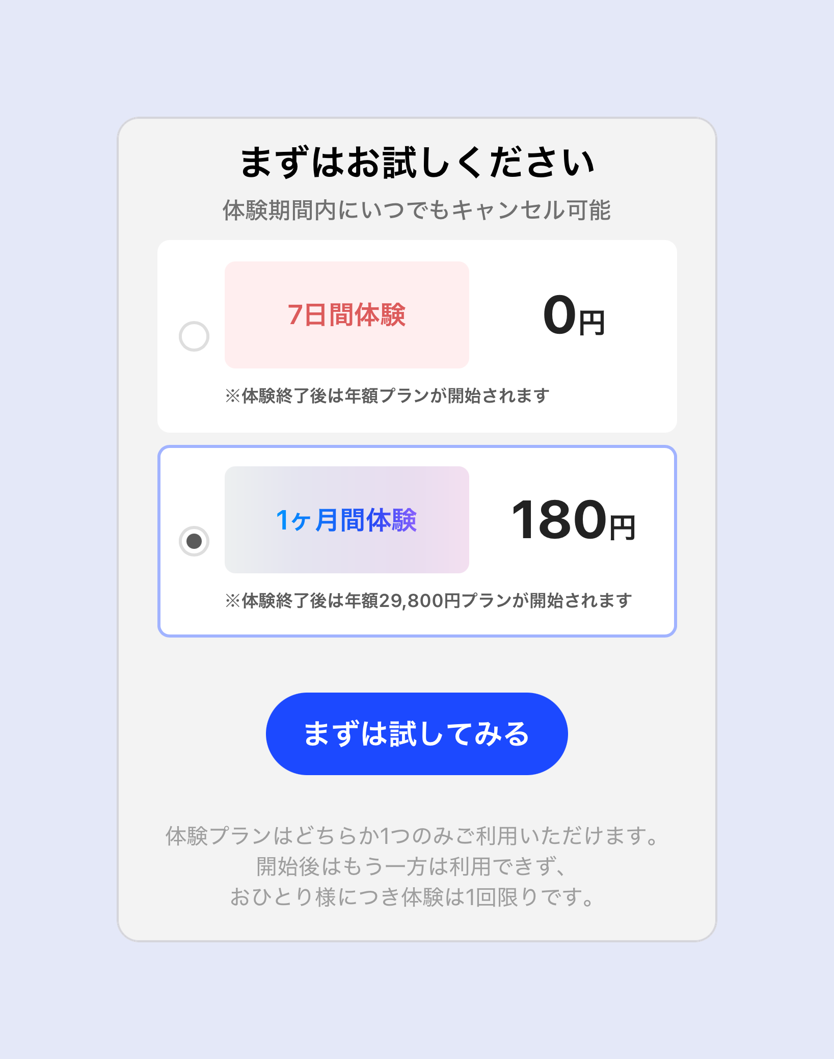 スピークの体験プラン選択画面。7日間体験0円と1ヶ月間体験180円のどちらか1つを選ぶ