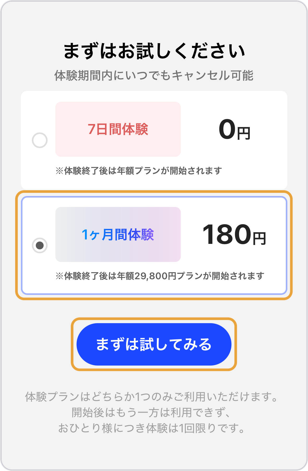 スピークの体験プラン選択画面。1ヶ月間体験180円を選んで「まずは試してみる」をタップする